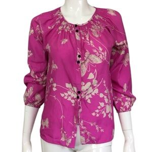 Yumi Kim Pink Butterfly Floral 3/4 Sleeves Round Neck Blouse Size XS
